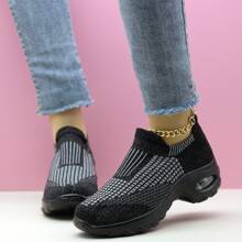 Women's Grey Plaid Stripe Air Cushion Shock Absorbing Sports Casual Knit Slip-On Dance Shoes