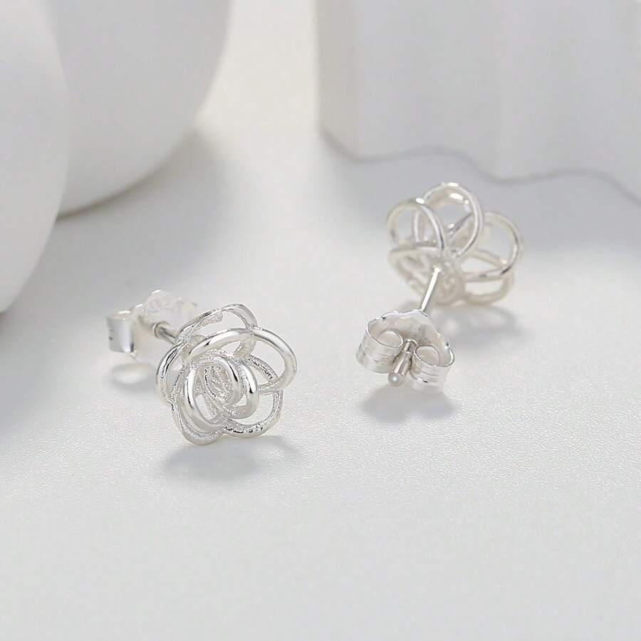 1 Par de Pendientes de botón de Moda con diseño sencillo de Flor hueca, adecuados para mujeres para usar como caídas decorativas en la vida cotidiana (Hechos de Material de Cobre), Mujeres pendientes de joyería de moda y de nicho - Plateado - Ver 1