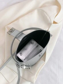 2入組銀色PU材料桶袋套裝，有字母裝飾，高光面處理，適用於日常使用、約會和作為女性禮物