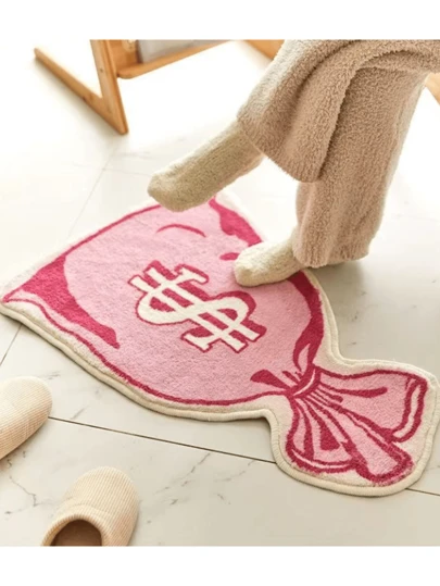 高性价比薄型仿羊绒材质，百万美元印花图案粉色和白色粗麻布风格客厅、地毯、地毯、茶几垫、玩具房、厨房、卧室、多种尺寸、可爱白色装饰、高端、可机洗地毯