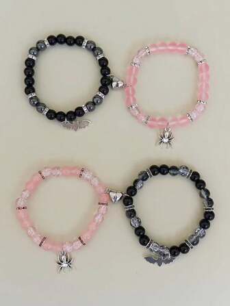 2 Pcs Of Spider + Bat Pendant Fashion All-Match Magnetic Attractive Pendant Beaded Elastic Adjustable Couple Bracelets