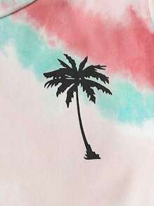 Young Boy 2pcs Coconut Tree Tie-Dyed Print Round Neck Short Sleeve T-Shirt And Letter Patched Shorts Set, Suitable For Vacation, Summer, Beach, Casual, Daily Wear, And Parties