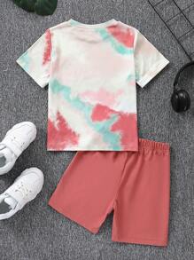 Young Boy 2pcs Coconut Tree Tie-Dyed Print Round Neck Short Sleeve T-Shirt And Letter Patched Shorts Set, Suitable For Vacation, Summer, Beach, Casual, Daily Wear, And Parties