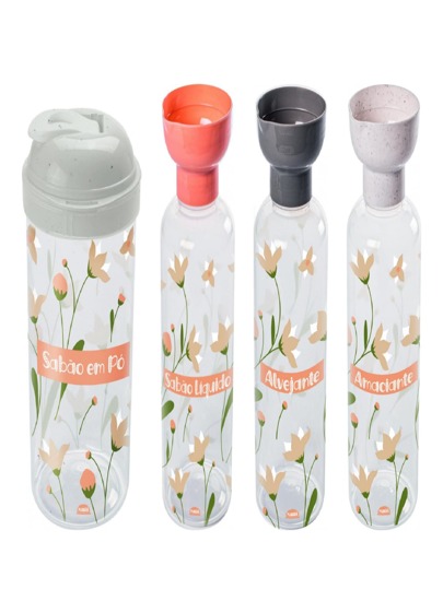 Kit Porta Sabão Amaciante Alvejante C/ Tampa Dosadora 4 Pçs Lavanderia Limpeza Maquina de Lavar Roupas Tecidos