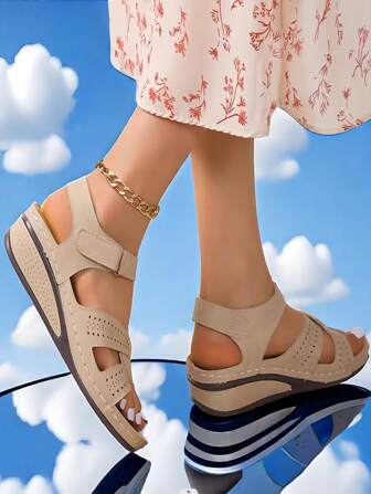 女士新款時尚楔跟厚底鞋底涼鞋，舒適款厚底媽媽鞋，休閒開趾涼鞋