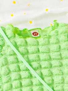 2pcs/Set Girls Cute Popcorn Print Short Sleeve Top And Shorts Set, Summer - Green - View 3