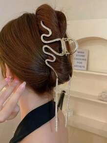 1pc Versatile Quality Rhinestone Wave Tassel Hair Claw,Y2k Claw Clips Hair Clips Hair Jaw Clip Hair Clamps Hair Clutch Hair Catcher Clip Fall Winter Hair Accessories For Women For Vacation Outfits Woman - Gold - View 5