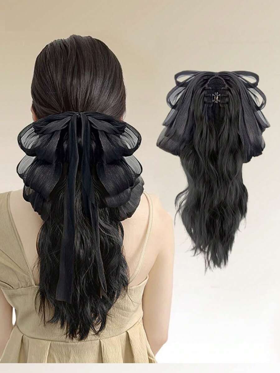 Female Ponytail Hairpiece Long Curly Hair Clip-On High Ponytail Realistic Hair Web Celebrity Sweet Bowknot Low Braided Ponytail Hair Extension - Black Brown - View 1