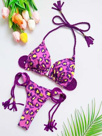Women's Leopard Print Bikini With Rope Fringe Ties, Simple And Fashionable Summer