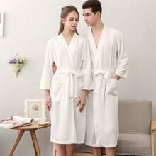 1pc Same Style For Men And Women Bathrobe, Simple Long Bathrobe, Solid Color Long Robe For Home, With Belt - V-Neck Casual Polyester Nightwear For All Seasons, Bathroom Supplies, Sauna Kilt Spa Sauna Wrap Summer Wedding Home Bathroom Decor Back To School - trắng - Xem 1