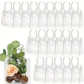 5pcs/Bag Clear Plastic Reusable Gift Bags With Handles, Transparent PVC Tote Bags For Various Occasions