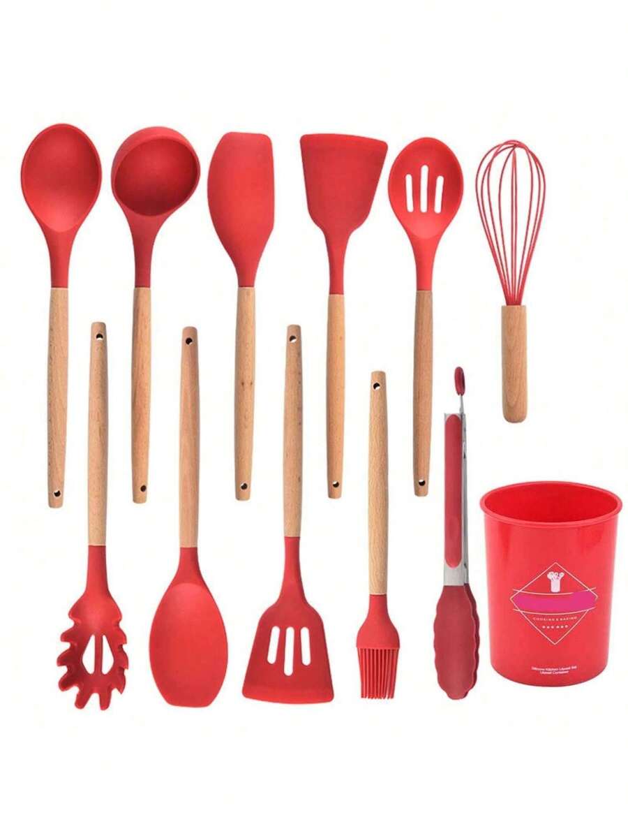 Juego de utensilios de cocina, juego de utensilios de cocina con soporte, utensilios de silicona para cocinar, juego de espátula de cocina para hornear antiadherente y resistente a altas temperaturas (12 P, verde) - Rojo - Ver 1