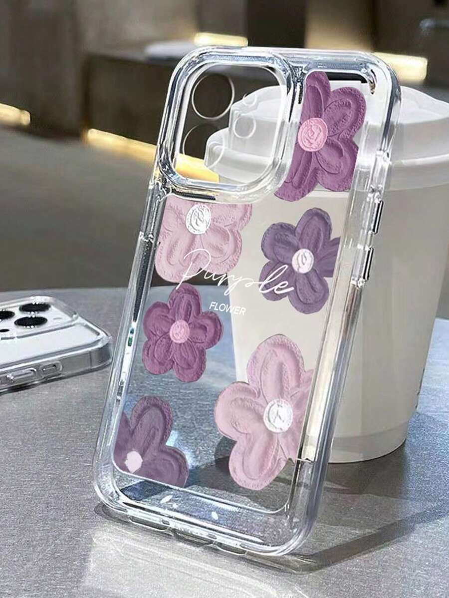夏日雏菊 1 件紫色花卉图案防震黑色 TPU 手机壳适用于 iPhone 16、15、14、13、12、11 Pro Max - 彩色 - 查看 1