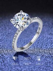 1 Pieza Anillo de compromiso de Moissanite de 1-3ct y banda de bodas S925 Plata de ley redondo anillo de promesa y anillo de eternidad de aniversario joyería de lujo regalos para mujeres anillo de diamantes de imitación - Plateado - Ver 12