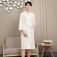 1pc Same Style For Men And Women Bathrobe, Simple Long Bathrobe, Solid Color Long Robe For Home, With Belt - V-Neck Casual Polyester Nightwear For All Seasons, Bathroom Supplies, Sauna Kilt Spa Sauna Wrap Summer Wedding Home Bathroom Decor Back To School - trắng - Xem 5