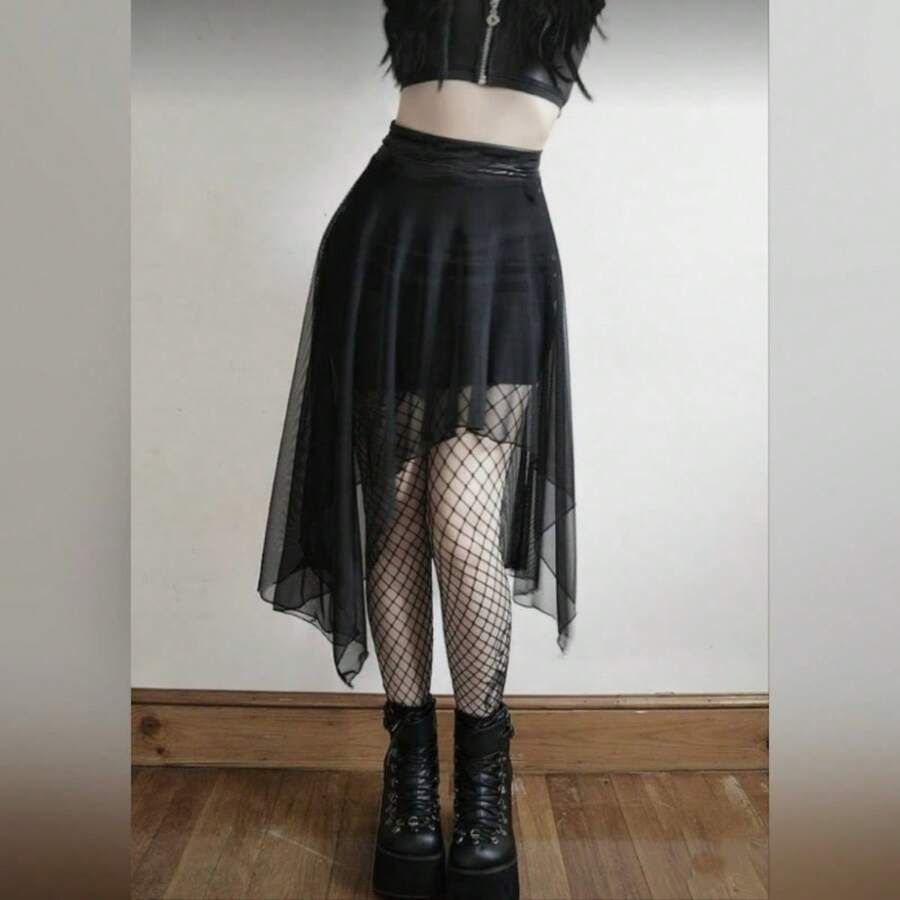 Falda Asimétrica mesh stresh con forro - Negro - Ver 1