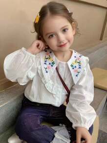 年轻女孩花卉刺绣彼得潘领长袖衬衫，2024年秋季新品 - 白色 - 查看 1