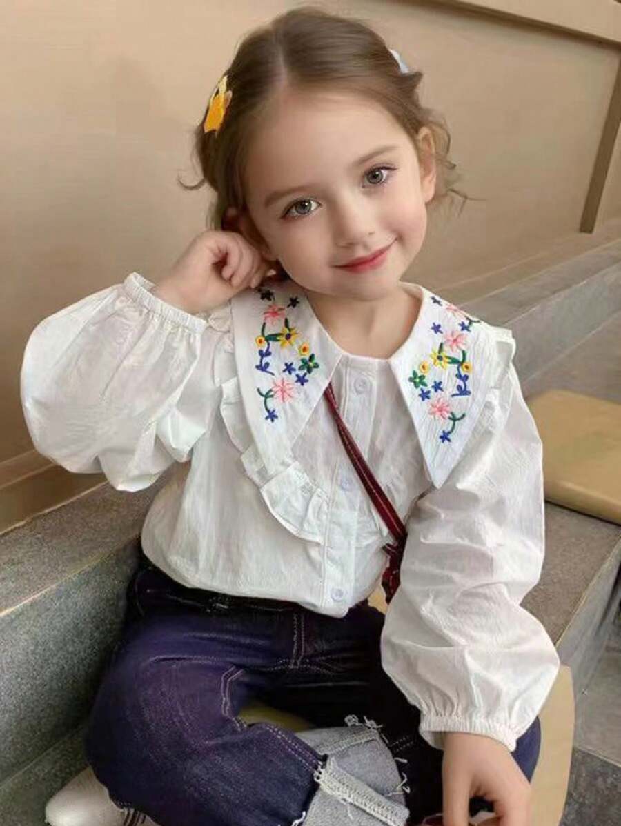 年轻女孩花卉刺绣彼得潘领长袖衬衫，2024年秋季新品 - 白色 - 查看 1
