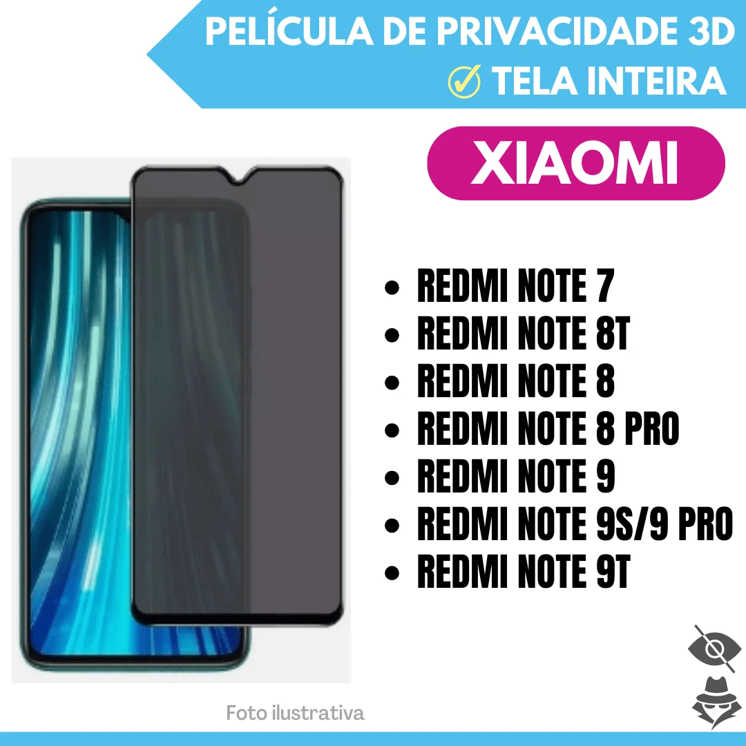 Película de Vidro de Privacidade Para Xiaomi Redmi Note 7 / Redmi Note 8 / Redmi Note 8T / Redmi Note 8 Pro / Redmi Note 9 / Redmi Note 9s/ Redmi Note 9 Pro / Redmi Note 9T / Película 3D Protetor de Tela Inteira. - Preto - Visão 1