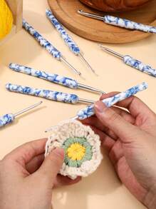 8pcs/Set Chinese Style Blue And White Porcelain 2.5mm-6mm Crochet Hooks Knitting Tools For Sweater Making, Multi-Color Hooks With Large Solid Handled Aluminum Crochet Hook Set - Blue and White Porcelain - View 5