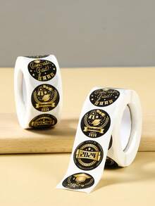 500入組圓形2024黑金畢業季貼紙，畢業班畢業典禮派對紀念禮品包裝用品裝飾標籤貼紙 - 黑金色 - 查看 3