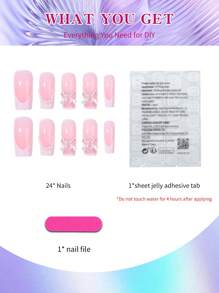 Elevate Your Style With, 24pcs/Set Press On Nails Tips White French & 3D Flowers Design Acrylic Fake Nail,Fit Perfectly & Medium Length Design,Contain 1pc Jelly Glue And 1pc Nail File, For Daily Wear By Women And Girls Nail Supplies