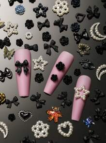 100pcs Y2K Hypoallergenic Pearl Mixed Design Nail Rhinestones 3D Acrylic Butterfly Heart Flower Multi-Model Rhinestone Nail Art Decoration Pendant Kawaii Accessories Pink Black And White Bow Tie Heart Shaped Nail Art Parts Various Shapes For Luxury Nail Art, Crafts And Jewelry Accessories Rhinestone Ornaments DIY Accessories Nail Supplies Nail Charms Nail Gems