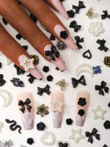 100pcs Y2K Hypoallergenic Pearl Mixed Design Nail Rhinestones 3D Acrylic Butterfly Heart Flower Multi-Model Rhinestone Nail Art Decoration Pendant Kawaii Accessories Pink Black And White Bow Tie Heart Shaped Nail Art Parts Various Shapes For Luxury Nail Art, Crafts And Jewelry Accessories Rhinestone Ornaments DIY Accessories Nail Supplies Nail Charms Nail Gems