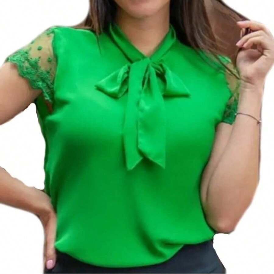 Blusa Camisa Manga Curta Renda Social Moda Evangelica Laço Romântica Trabalho Festa para Congresso Elegante Gravata Gravatinha Copa do Mundo Brasil