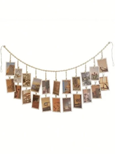 1st/2st-hängande fotoram med 18 klämmor, träpärldekoration hängande ramklämma, träpärlhängande fotoram, lämplig för sovsal, klassrum, sovrum, heminredning, kontorsdekoration