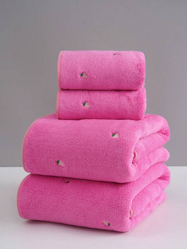 1/2 piezas Toalla de mano/toalla de cara/toalla de baño de felpa coral con bordado de cereza, toalla de baño o toalla de mano de microfibra de unicolor bordada con fresa, absorbente súper, suave y amigable con la piel, para uso de parejas, suministros de baño de regreso a la escuela para salón de belleza y hogar
