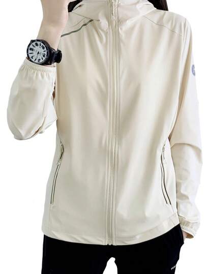 Summer Workout Women Elastic And Breathable Ice-Cool Hooded Solid Color Anti-UV Sun Protection Clothing, Model Beige