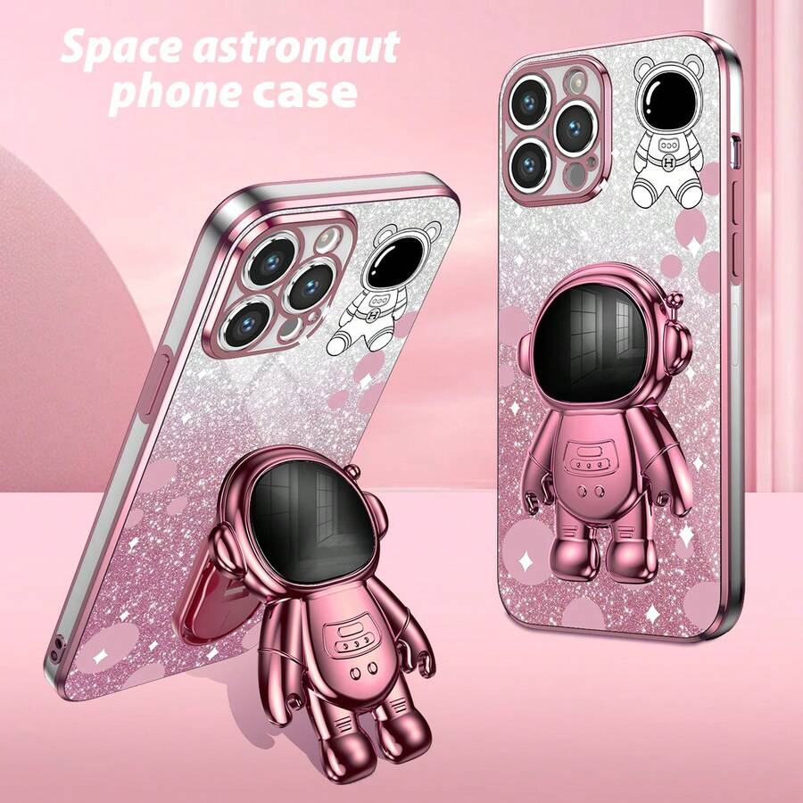 閃粉紙 + 手繪太空人 + 太空人支架手機殼，新電鍍防摔技術，防摔手機殼，適用於 Apple 11/12/13/14/15promax Samsungs22/23/24+UA04/A05/A14/A15/A24/A25/A34/A54S Xiaomi OPPO VIVO Redmi Note 13c + 一套完整的手機殼。 - 粉色 - 查看 1