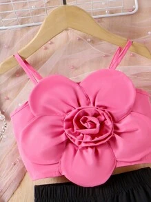 Conjunto de top de tirantes y pantalones a la moda con flores 3D para niñas jóvenes, 2 piezas para el verano