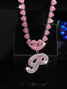 CVNANA قلادة سلسلة مربوطة مزخرفة مليئة بالألماس للرجال والنساء، قلادة حرف الهيب هوب لشفة الشفاه المزخرفة، هدية مجوهرات للفتيات.