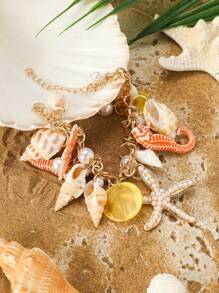 1pc Beach Ocean Necklace Metal Gold Color Pearl Shell Starfish Anklet For Women Anklet For Beach Casual Travel Vacation Sea Star Anklet - White - View 8