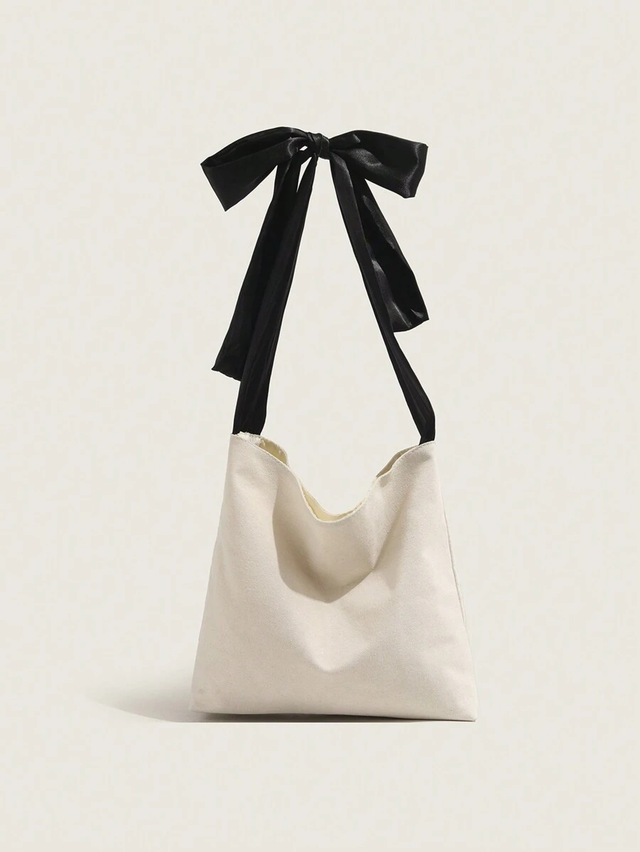 New Fashionable Canvas Simple Design Bow Tie Large Capacity Shoulder Tote Bag With Texture, Shoulder Bag For School Valentines - Beige - View 1