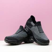 Women's Grey Plaid Stripe Air Cushion Shock Absorbing Sports Casual Knit Slip-On Dance Shoes