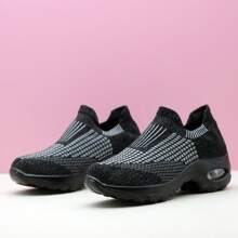 Women's Grey Plaid Stripe Air Cushion Shock Absorbing Sports Casual Knit Slip-On Dance Shoes