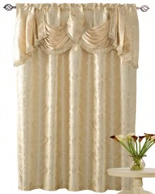 Luxury Fancy Jacquard Design Room Darkening Curtain Panel With Attached Waterfall Valance, 54 By 84-Inch Solid Plain Colors Rod Pocket Modern Semi Blackout For Living Room Bedroom And Dining Room - 米色 - 查看 3