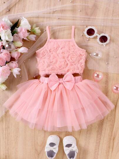 2 Stücke Baby Mädchen Nette Mesh Rose Blume Spaghetti Band Weste Top Prinzessin Rock Set Für Sommer