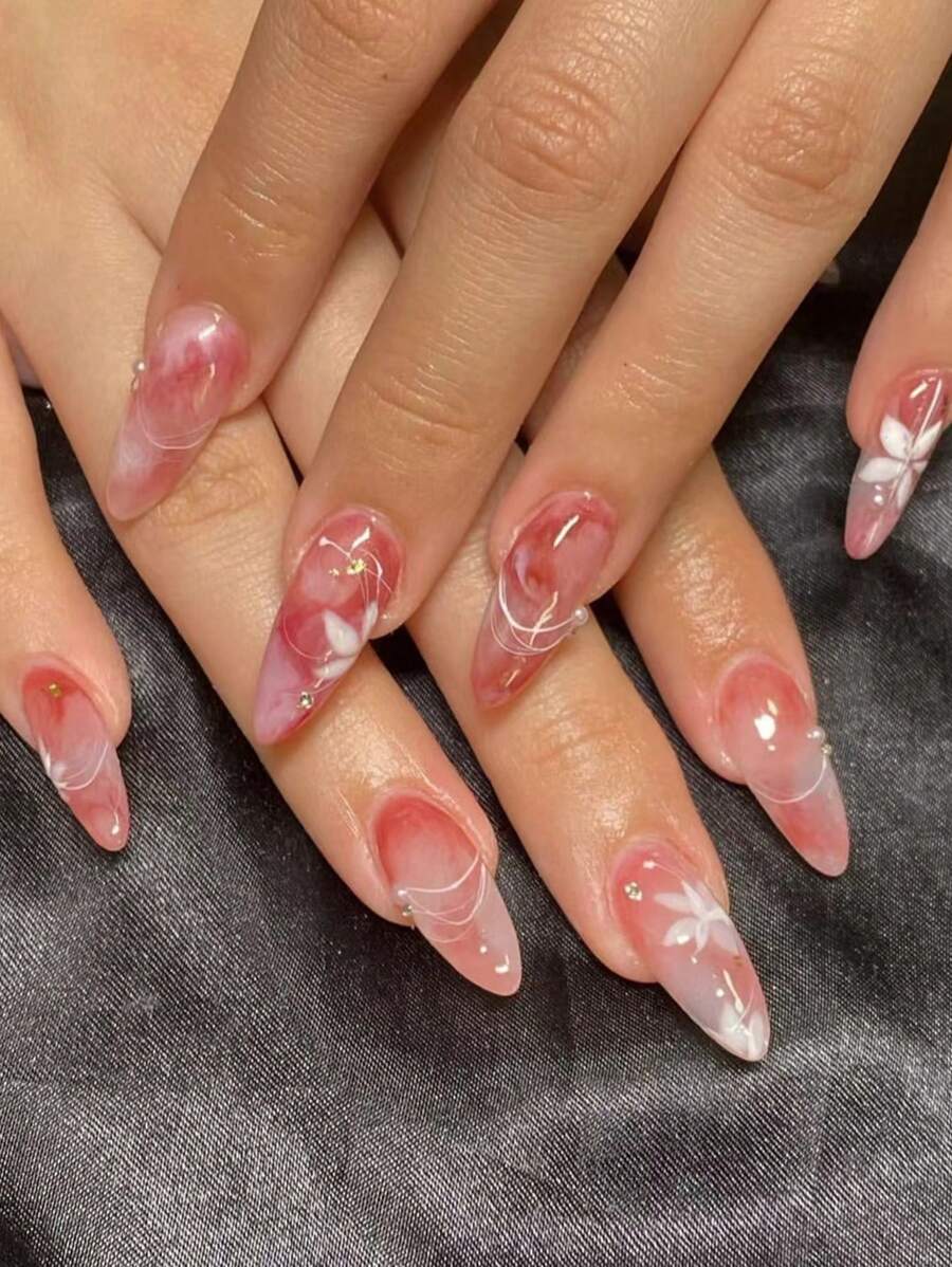 Minimalism Chinese Cute Marble Pattern Red Gradient White Flowers Silk Ribbon Handmade Rhinestone 24pcs Medium-Long Almond-Shaped Wearing Acrylic False Nails Set For Students, Office Ladies, Parties, Dancing, Dating And Daily Wear Press On Nails Nail Supplies