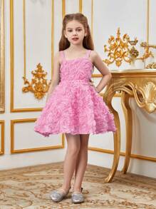Tween Girl Elegant Solid Color Applique Mesh Cami Dress For Summer - Hồng - Xem 6