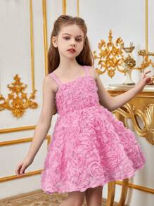 Tween Girl Elegant Solid Color Applique Mesh Cami Dress For Summer - Hồng - Xem 5