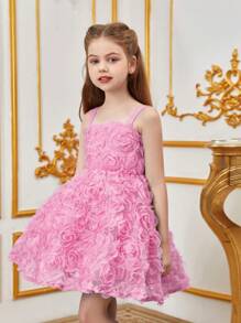 Tween Girl Elegant Solid Color Applique Mesh Cami Dress For Summer - Hồng - Xem 4