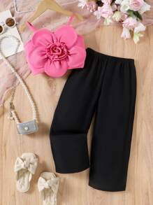 Conjunto de top de tirantes y pantalones a la moda con flores 3D para niñas jóvenes, 2 piezas para el verano