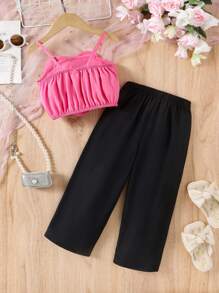 Conjunto de top de tirantes y pantalones a la moda con flores 3D para niñas jóvenes, 2 piezas para el verano