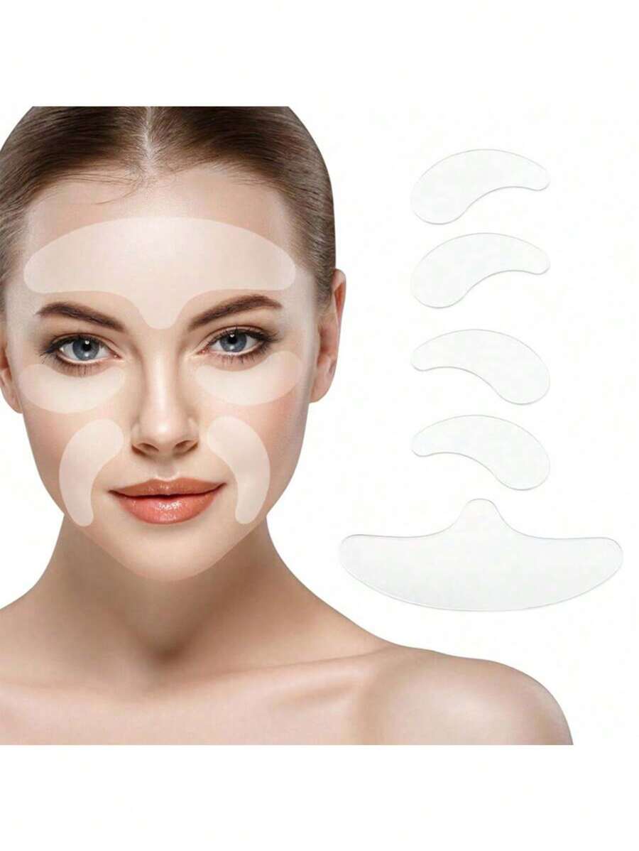 5/16片装可重复使用硅胶面部提拉贴 - 光滑硅胶贴片，适用于额头、眼角、颈部肌肤，有助于抚平细纹，适合睡眠、运动和瑜伽时使用，轻薄透气，佩戴舒适不产生皱纹 - 白色 - 查看 1