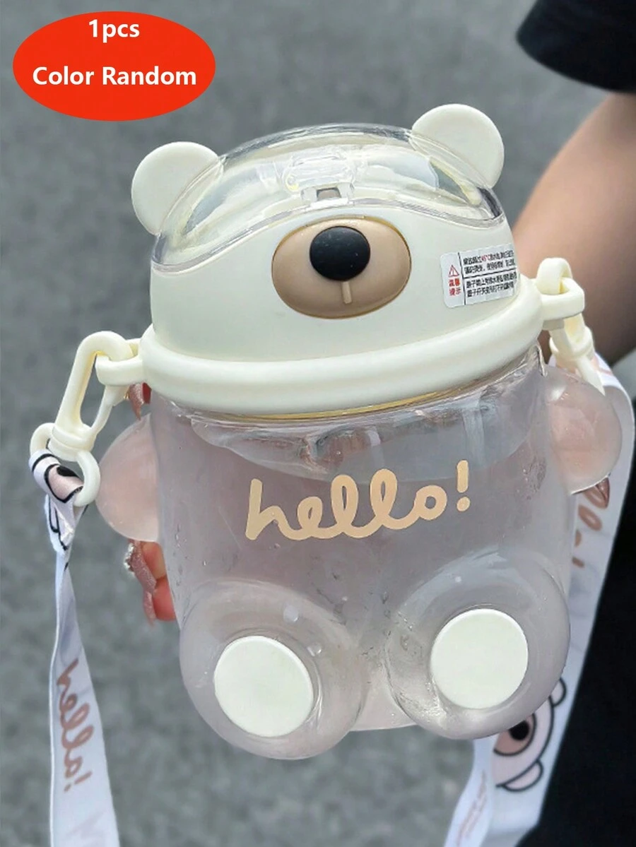 1入組700ML可愛小熊肚形塑料水瓶，大容量肩帶運動瓶配吸管，夏天便攜兒童瓶 - 彩色 - 查看 1