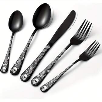 5/20/30 pièces Set de couverts de style gothique, couverts en acier inoxydable premium incluant cuillère, fourchette et couteau, couverts cool avec motif tête de mort et roses, poli miroir, beau cadeau pour amateur de style sombre et rock // anniversaire, cuisine, Noël, fournitures scolaires